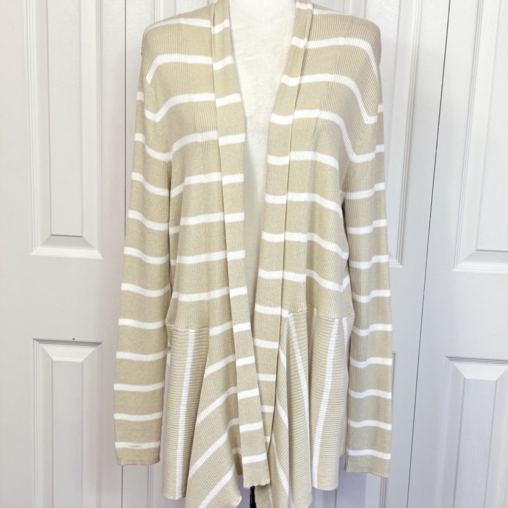 NWT CJ Banks Cream & White Stripe Ribbed Knit Open Front Cardigan 1X